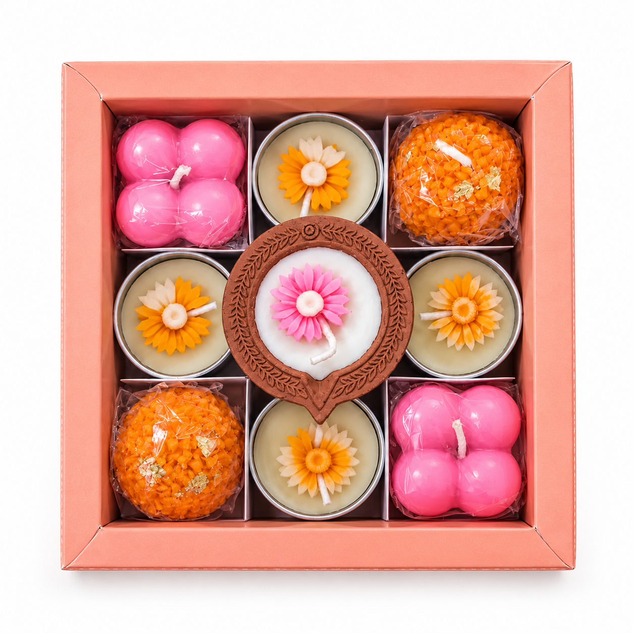 Floral Delight Decorative Candle Gift Set – Pink & Orange (9 Pieces)