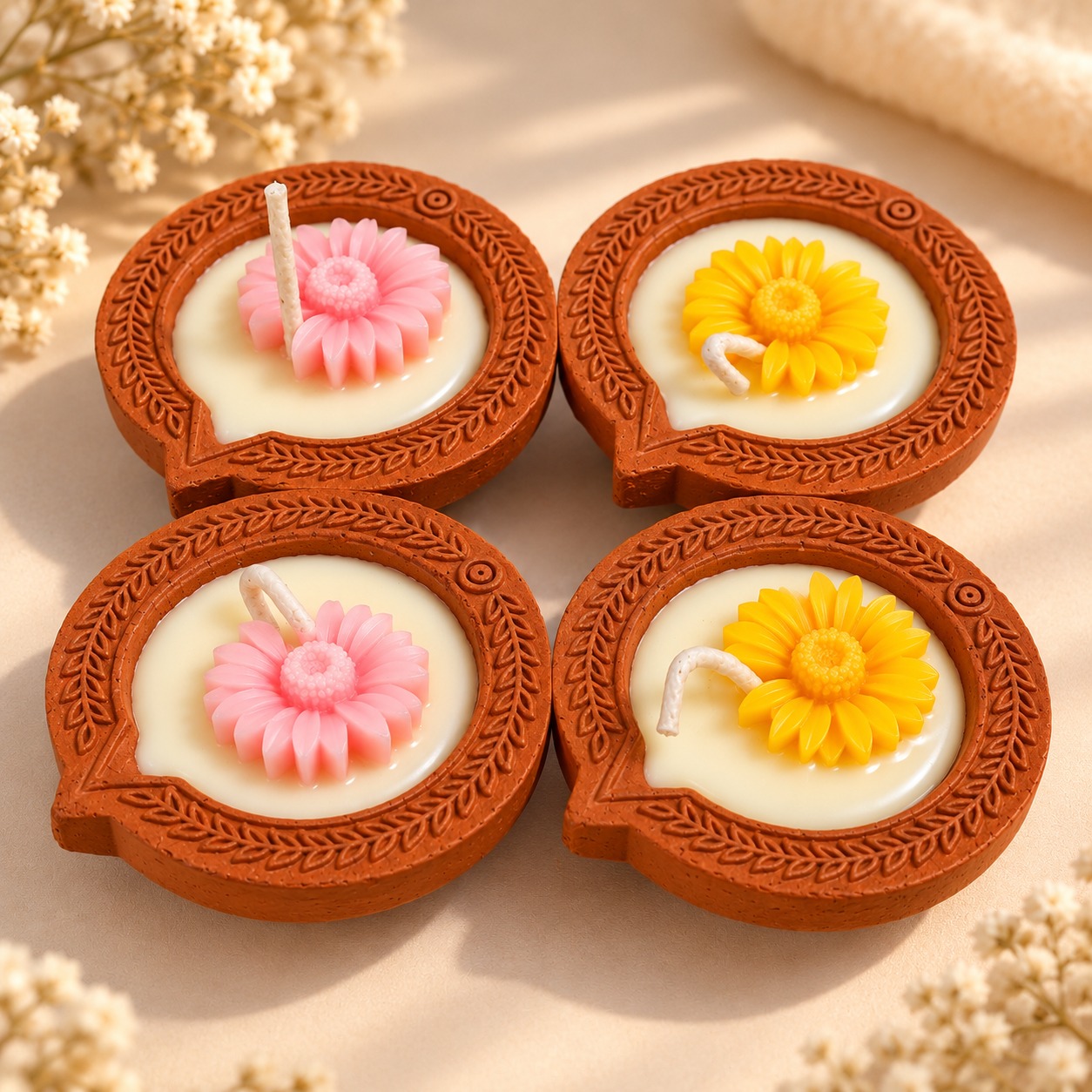 Decorative Diya-Shaped Floral Candles – Set of 4 for Elegant Festive Decor Decorative Diya-Shaped Floral Candles – Set of 4 for Elegant Festive Decor